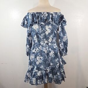 MICHAEL Michael Kors Off Shoulder Blue & White Ruffled Floral Mini Dress Large